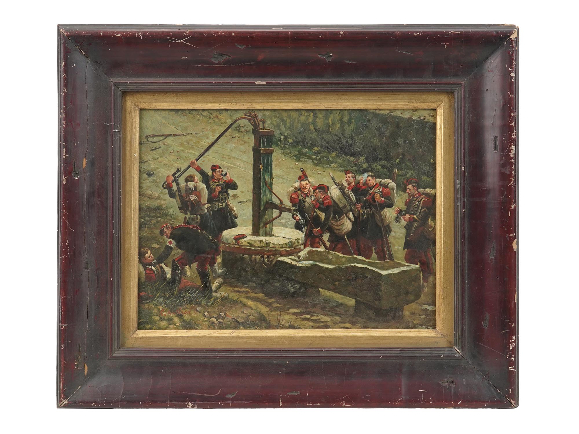 ANTIQUE OIL PAINTING MILITARY SCENE SIGNED NELSON PIC-0